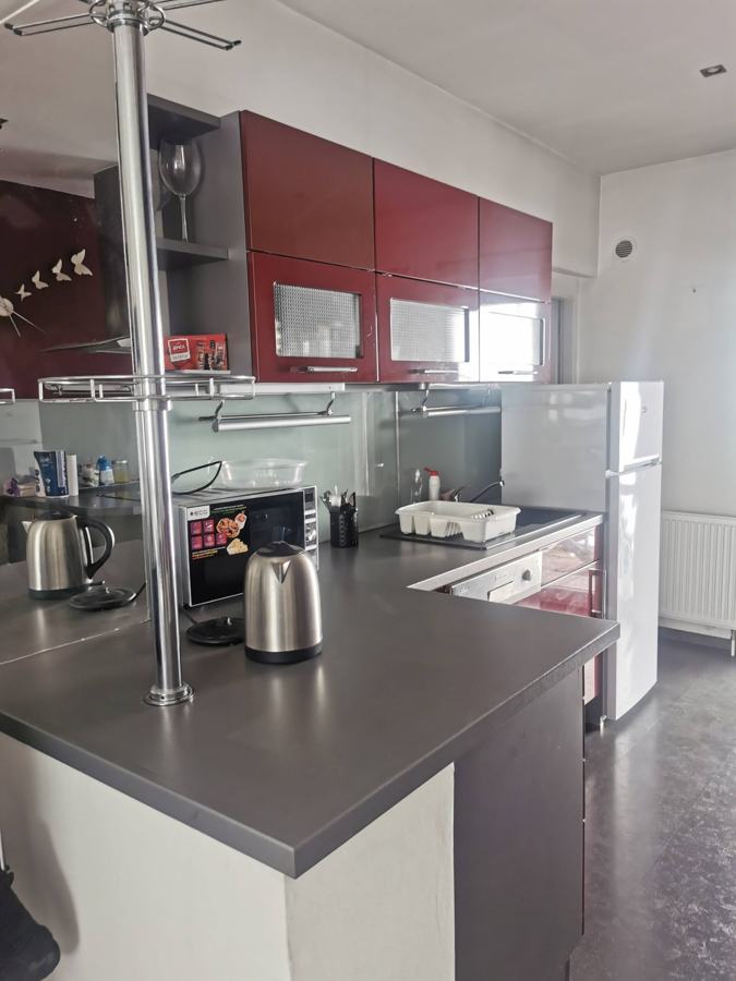 Kuchyňský kout s barovým pultem, mikrovlnkou a lednicí